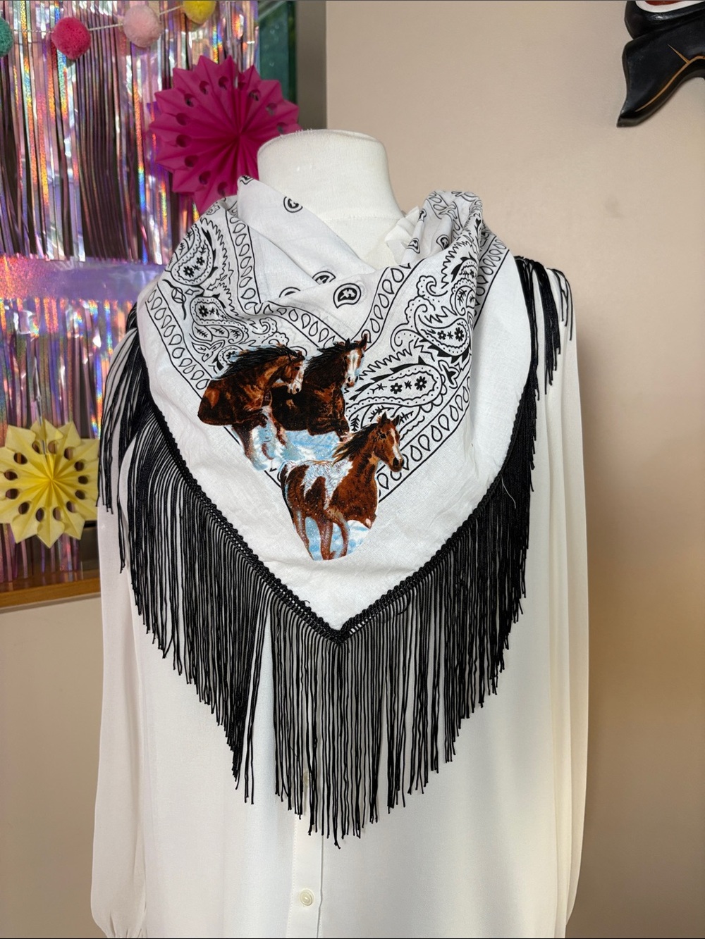 White Paisley Horse Fringe Bandana Scarf